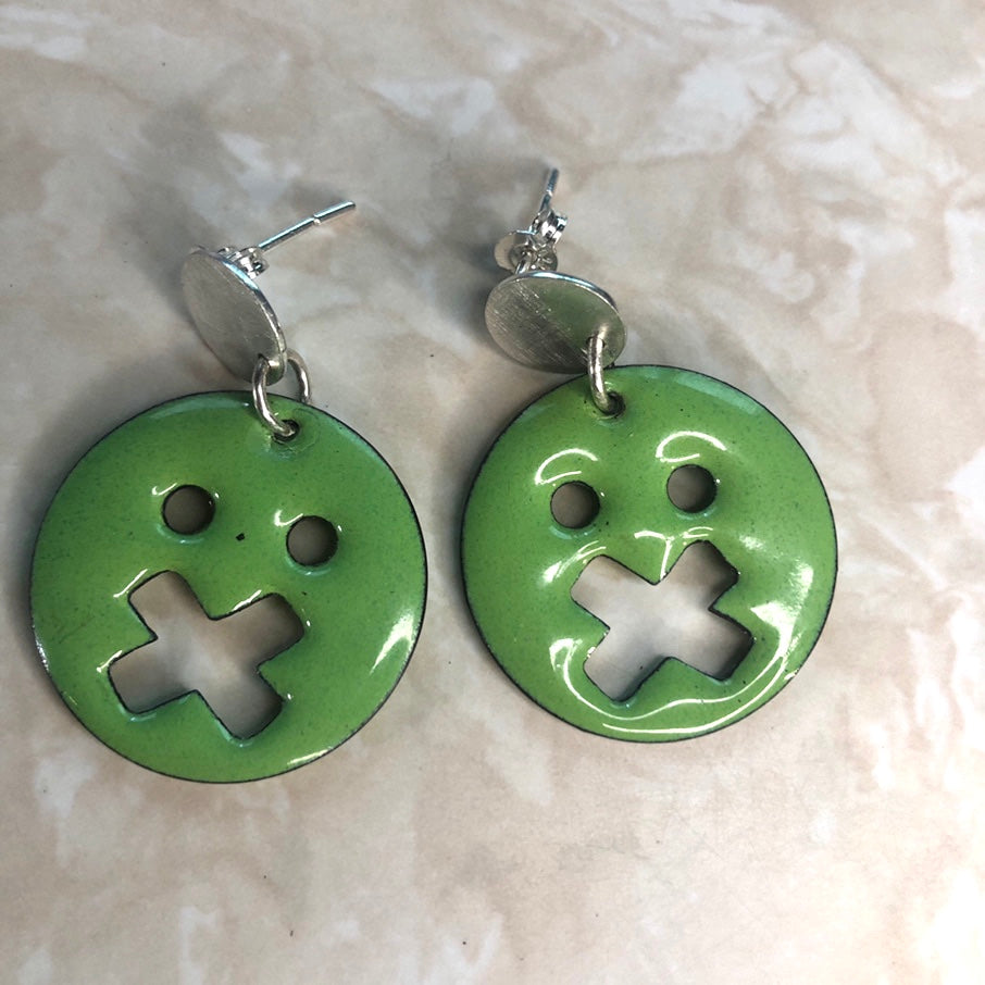 Green Shhhh Face Stud Dangle Earrings